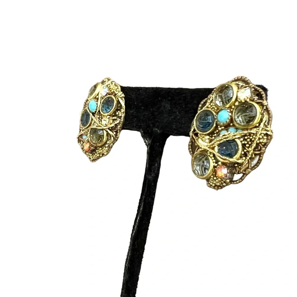 VINTAGE BLUE & TURQUOISE CRYSTAL & MIXED MEDIA ARTISTIC EARRINGS